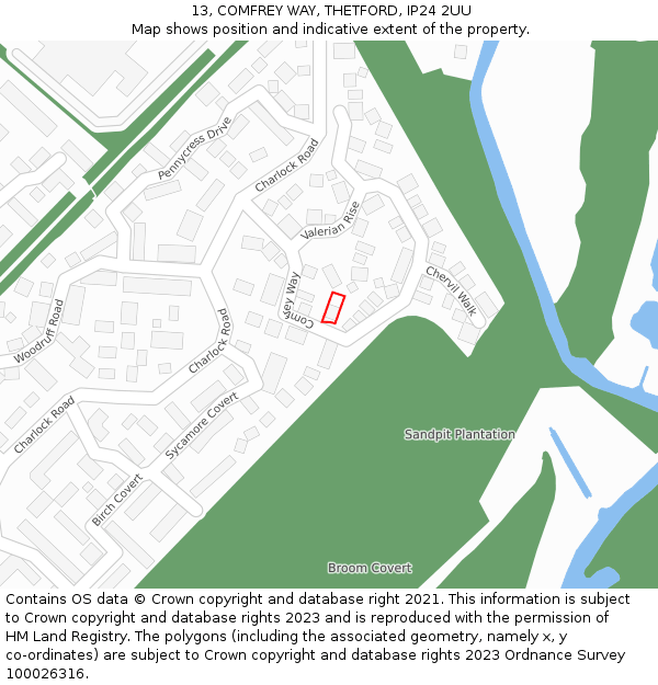 13, COMFREY WAY, THETFORD, IP24 2UU: Location map and indicative extent of plot