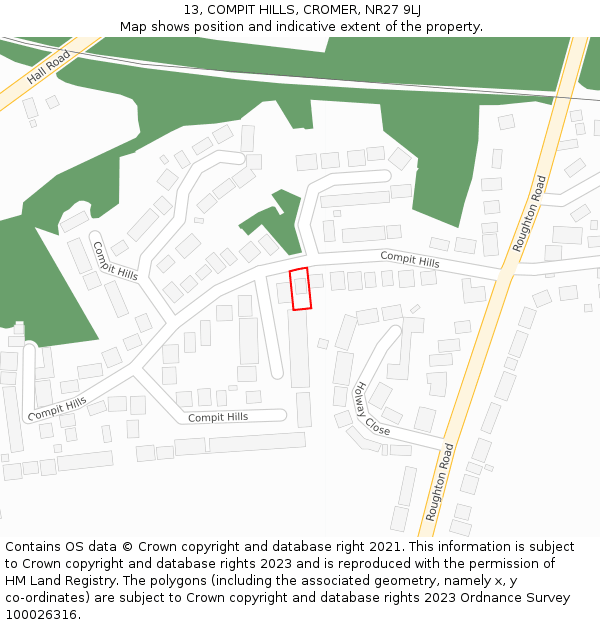 13, COMPIT HILLS, CROMER, NR27 9LJ: Location map and indicative extent of plot