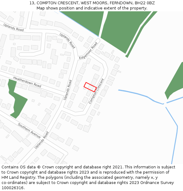13, COMPTON CRESCENT, WEST MOORS, FERNDOWN, BH22 0BZ: Location map and indicative extent of plot