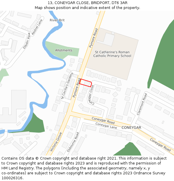 13, CONEYGAR CLOSE, BRIDPORT, DT6 3AR: Location map and indicative extent of plot