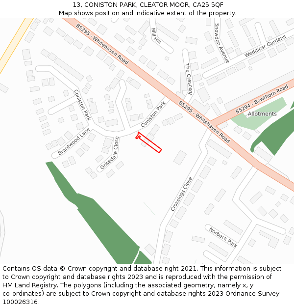 13, CONISTON PARK, CLEATOR MOOR, CA25 5QF: Location map and indicative extent of plot