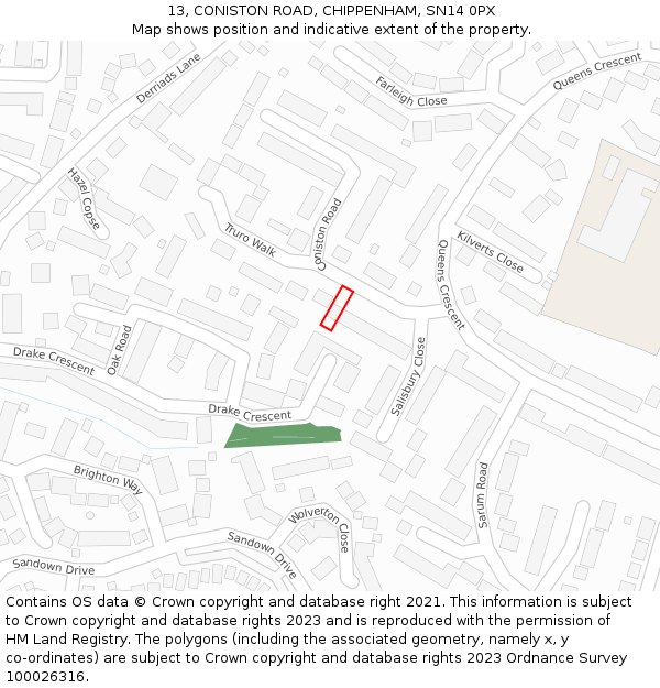 13, CONISTON ROAD, CHIPPENHAM, SN14 0PX: Location map and indicative extent of plot