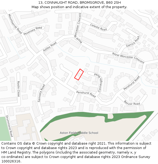 13, CONNAUGHT ROAD, BROMSGROVE, B60 2SH: Location map and indicative extent of plot