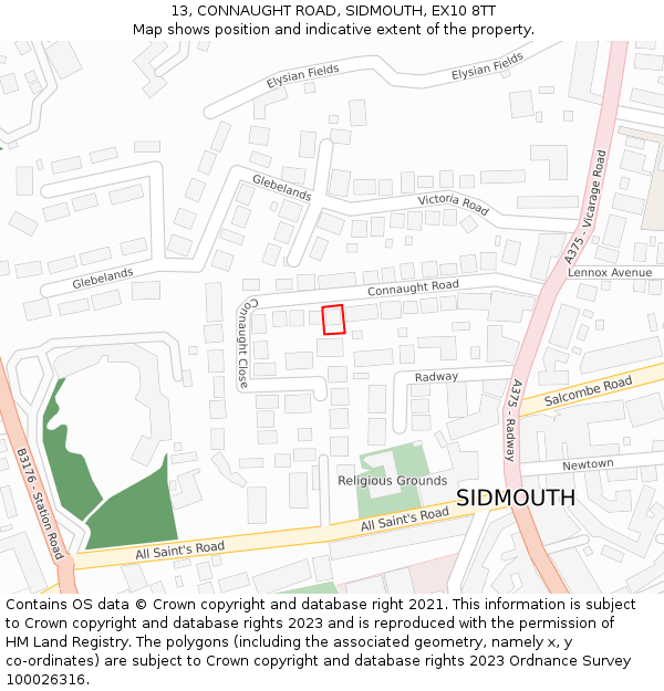 13, CONNAUGHT ROAD, SIDMOUTH, EX10 8TT: Location map and indicative extent of plot