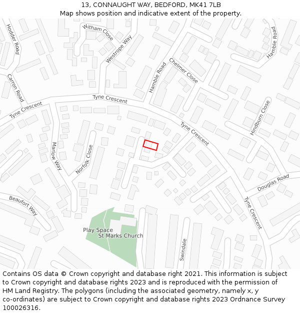 13, CONNAUGHT WAY, BEDFORD, MK41 7LB: Location map and indicative extent of plot