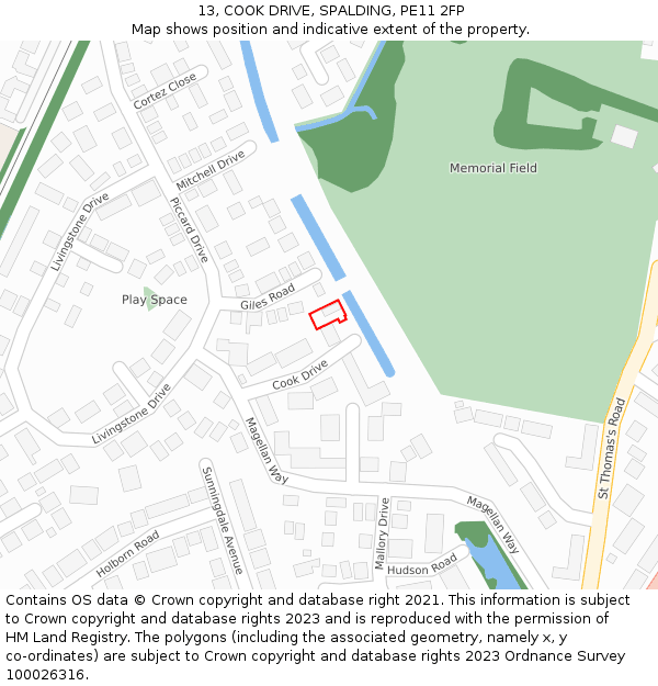 13, COOK DRIVE, SPALDING, PE11 2FP: Location map and indicative extent of plot