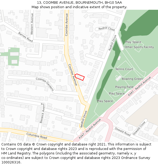 13, COOMBE AVENUE, BOURNEMOUTH, BH10 5AA: Location map and indicative extent of plot
