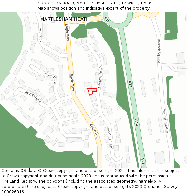 13, COOPERS ROAD, MARTLESHAM HEATH, IPSWICH, IP5 3SJ: Location map and indicative extent of plot