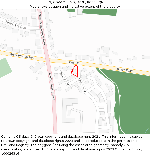 13, COPPICE END, RYDE, PO33 1QN: Location map and indicative extent of plot