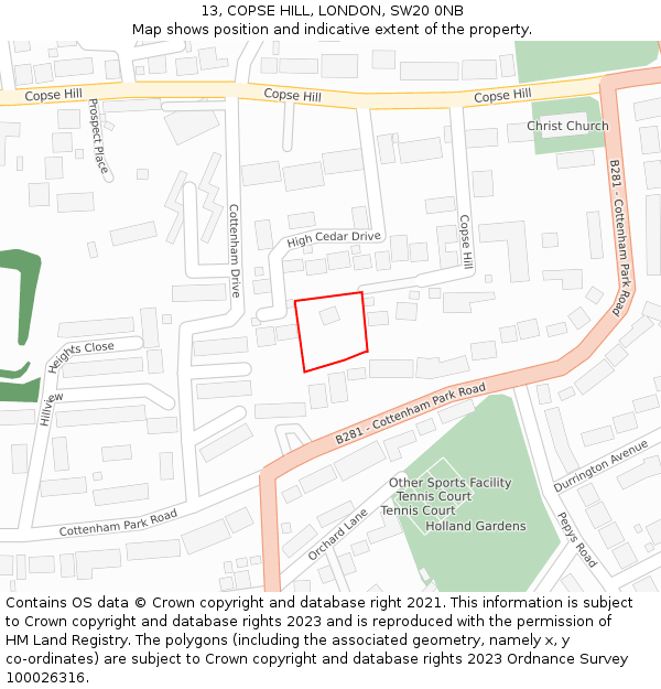 13, COPSE HILL, LONDON, SW20 0NB: Location map and indicative extent of plot
