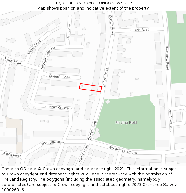 13, CORFTON ROAD, LONDON, W5 2HP: Location map and indicative extent of plot