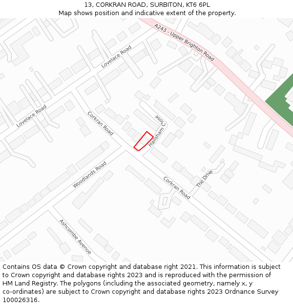 13, CORKRAN ROAD, SURBITON, KT6 6PL: Location map and indicative extent of plot