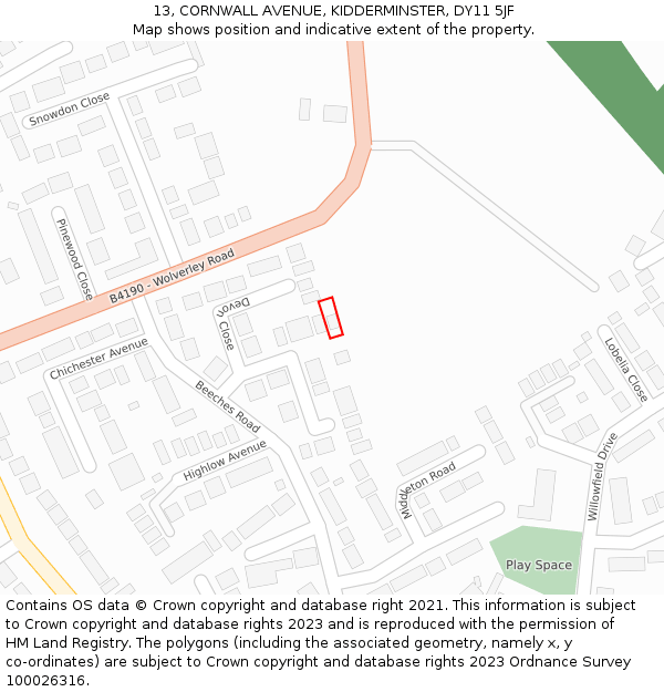 13, CORNWALL AVENUE, KIDDERMINSTER, DY11 5JF: Location map and indicative extent of plot