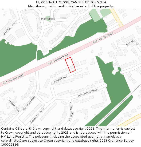 13, CORNWALL CLOSE, CAMBERLEY, GU15 3UA: Location map and indicative extent of plot