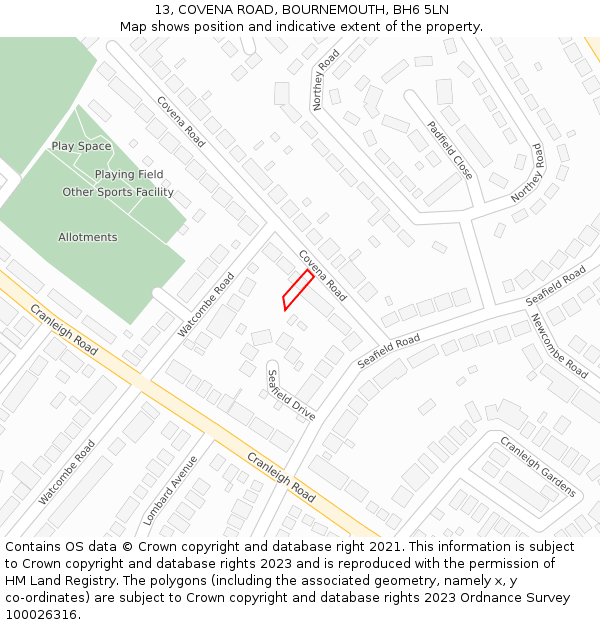 13, COVENA ROAD, BOURNEMOUTH, BH6 5LN: Location map and indicative extent of plot