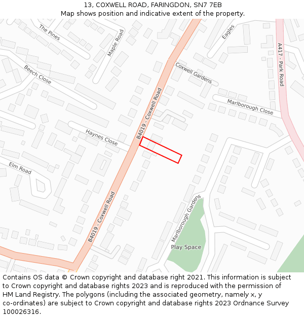 13, COXWELL ROAD, FARINGDON, SN7 7EB: Location map and indicative extent of plot