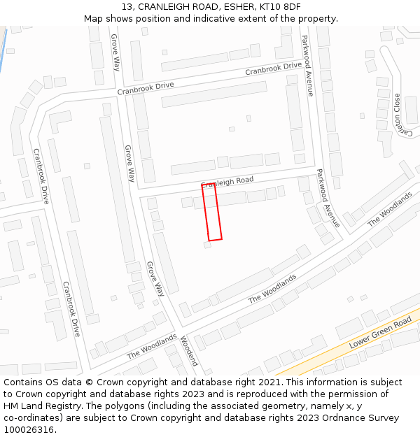 13, CRANLEIGH ROAD, ESHER, KT10 8DF: Location map and indicative extent of plot