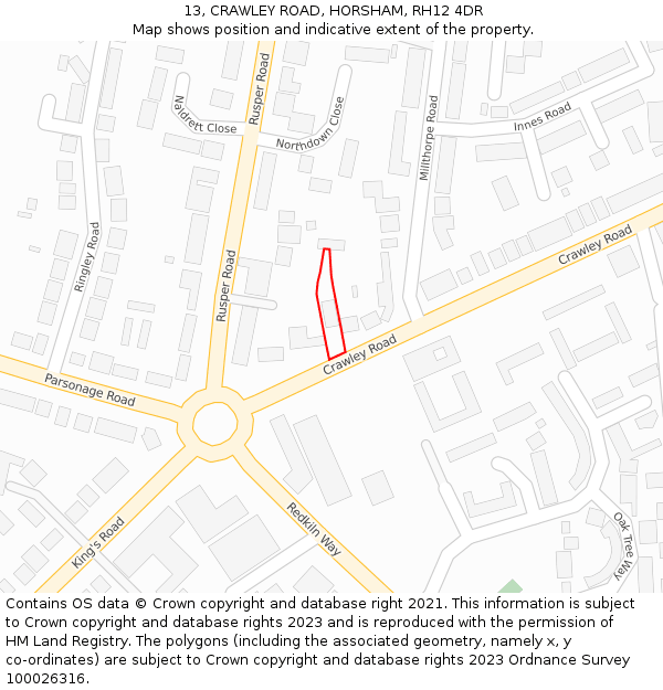 13, CRAWLEY ROAD, HORSHAM, RH12 4DR: Location map and indicative extent of plot