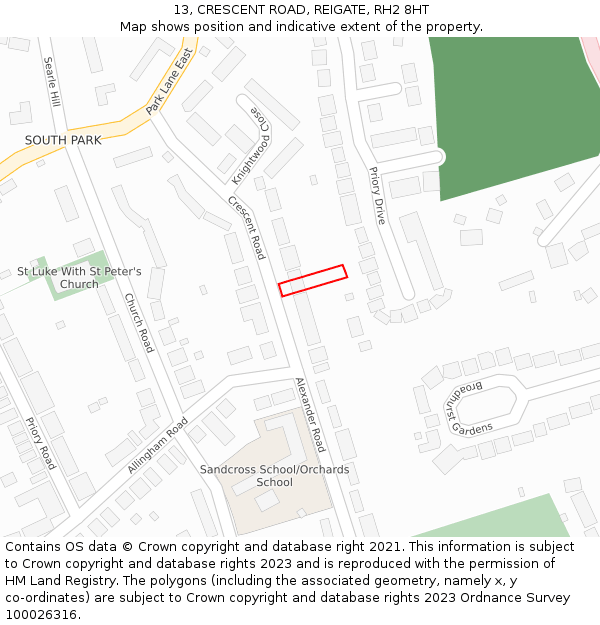 13, CRESCENT ROAD, REIGATE, RH2 8HT: Location map and indicative extent of plot