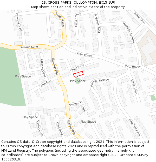 13, CROSS PARKS, CULLOMPTON, EX15 1UR: Location map and indicative extent of plot