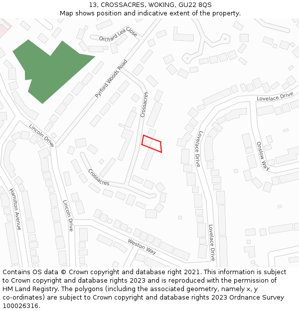 13, CROSSACRES, WOKING, GU22 8QS: Location map and indicative extent of plot