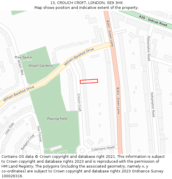 13, CROUCH CROFT, LONDON, SE9 3HX: Location map and indicative extent of plot