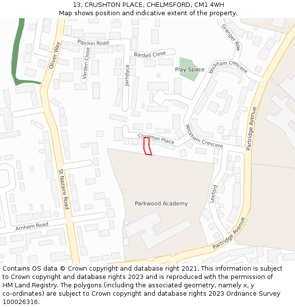 13, CRUSHTON PLACE, CHELMSFORD, CM1 4WH: Location map and indicative extent of plot