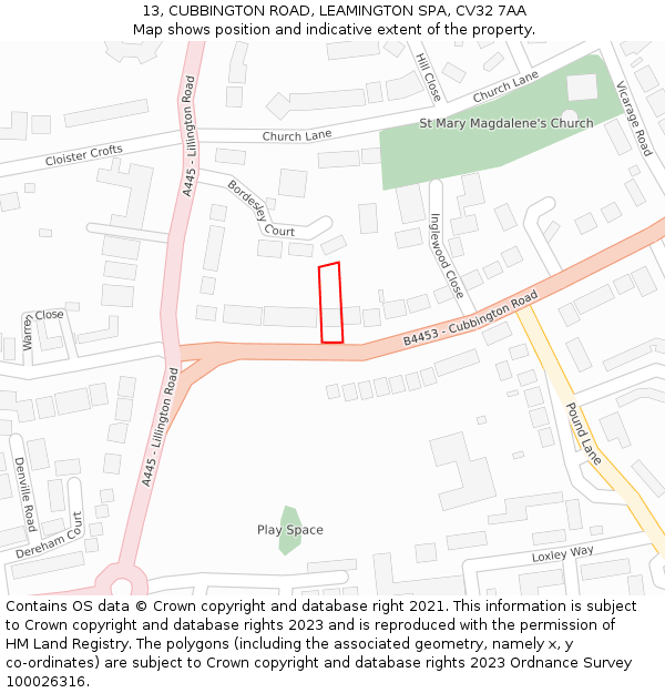 13, CUBBINGTON ROAD, LEAMINGTON SPA, CV32 7AA: Location map and indicative extent of plot