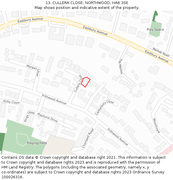 13, CULLERA CLOSE, NORTHWOOD, HA6 3SE: Location map and indicative extent of plot