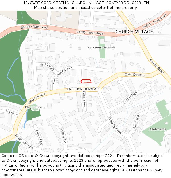 13, CWRT COED Y BRENIN, CHURCH VILLAGE, PONTYPRIDD, CF38 1TN: Location map and indicative extent of plot