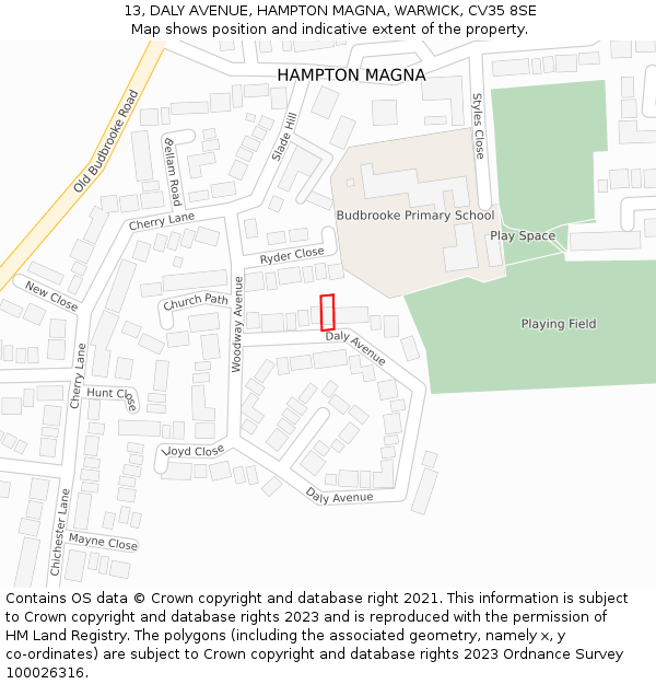 13, DALY AVENUE, HAMPTON MAGNA, WARWICK, CV35 8SE: Location map and indicative extent of plot