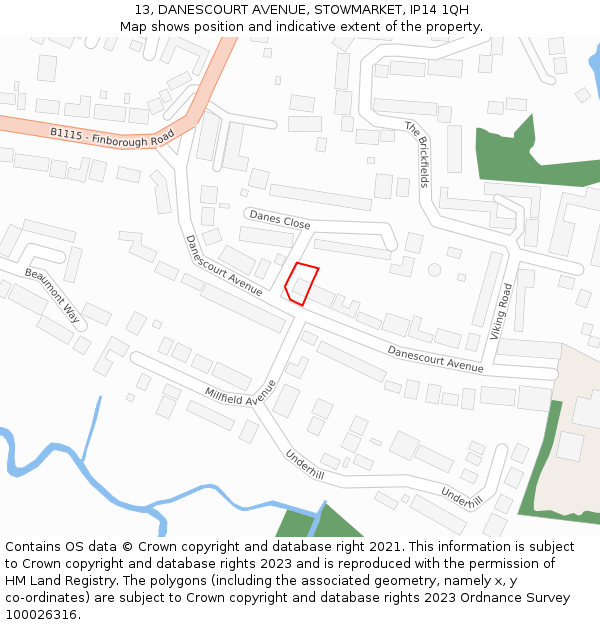 13, DANESCOURT AVENUE, STOWMARKET, IP14 1QH: Location map and indicative extent of plot