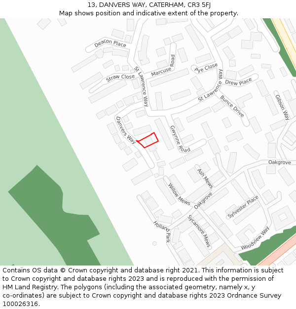 13, DANVERS WAY, CATERHAM, CR3 5FJ: Location map and indicative extent of plot