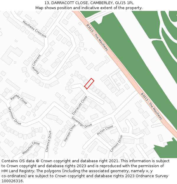 13, DARRACOTT CLOSE, CAMBERLEY, GU15 1PL: Location map and indicative extent of plot