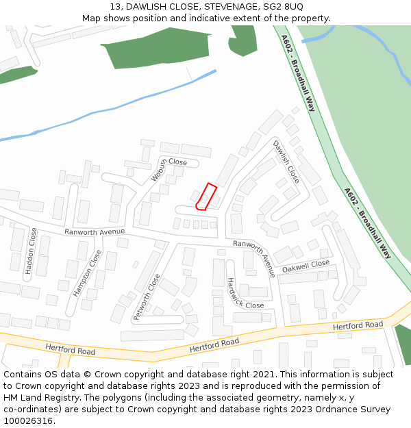 13, DAWLISH CLOSE, STEVENAGE, SG2 8UQ: Location map and indicative extent of plot