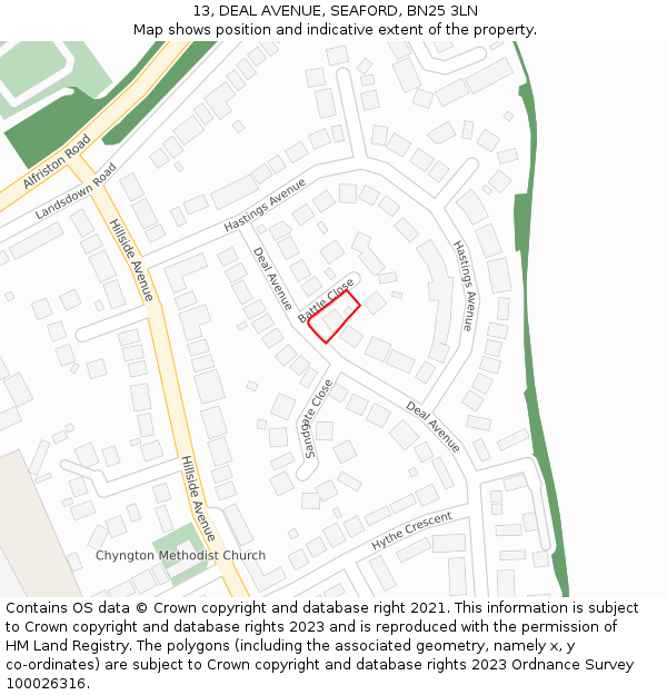 13, DEAL AVENUE, SEAFORD, BN25 3LN: Location map and indicative extent of plot