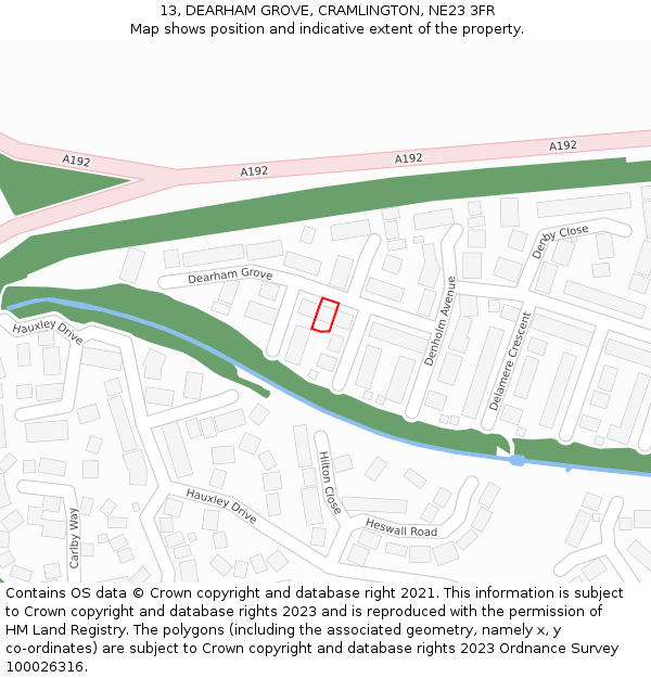 13, DEARHAM GROVE, CRAMLINGTON, NE23 3FR: Location map and indicative extent of plot