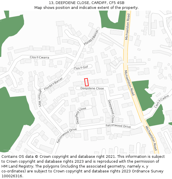 13, DEEPDENE CLOSE, CARDIFF, CF5 4SB: Location map and indicative extent of plot
