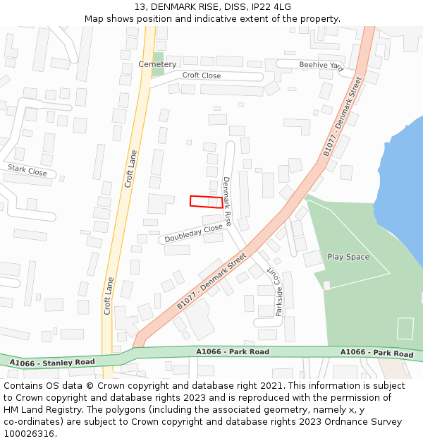 13, DENMARK RISE, DISS, IP22 4LG: Location map and indicative extent of plot