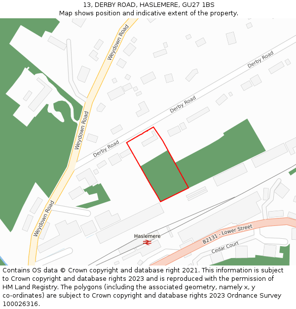 13, DERBY ROAD, HASLEMERE, GU27 1BS: Location map and indicative extent of plot