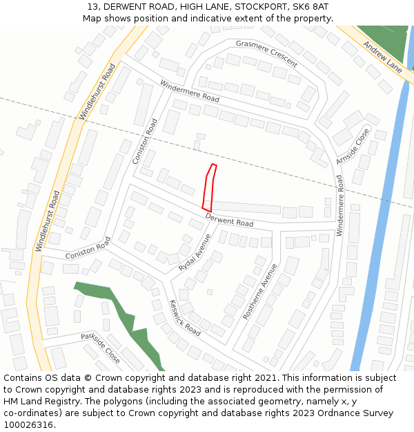 13, DERWENT ROAD, HIGH LANE, STOCKPORT, SK6 8AT: Location map and indicative extent of plot