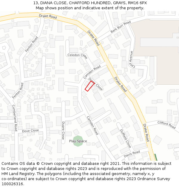 13, DIANA CLOSE, CHAFFORD HUNDRED, GRAYS, RM16 6PX: Location map and indicative extent of plot