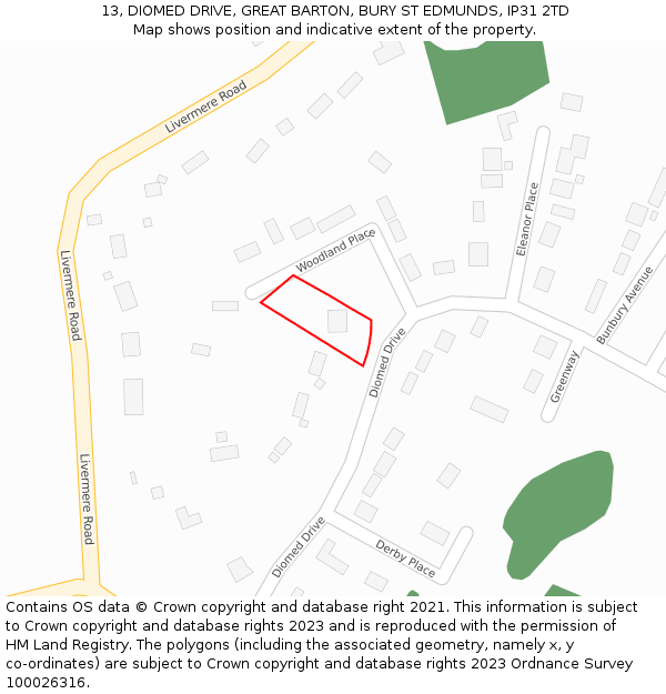 13, DIOMED DRIVE, GREAT BARTON, BURY ST EDMUNDS, IP31 2TD: Location map and indicative extent of plot