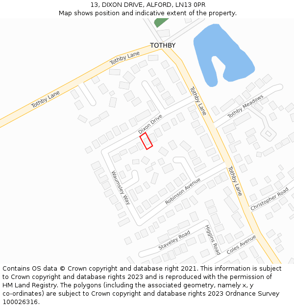 13, DIXON DRIVE, ALFORD, LN13 0PR: Location map and indicative extent of plot