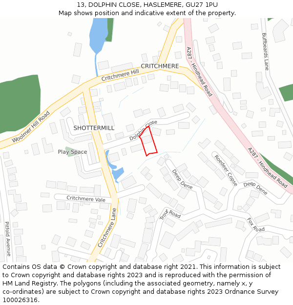 13, DOLPHIN CLOSE, HASLEMERE, GU27 1PU: Location map and indicative extent of plot