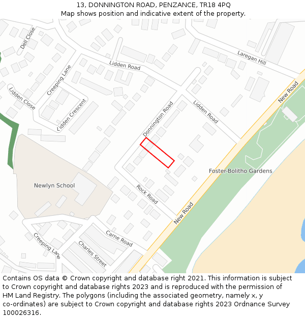 13, DONNINGTON ROAD, PENZANCE, TR18 4PQ: Location map and indicative extent of plot