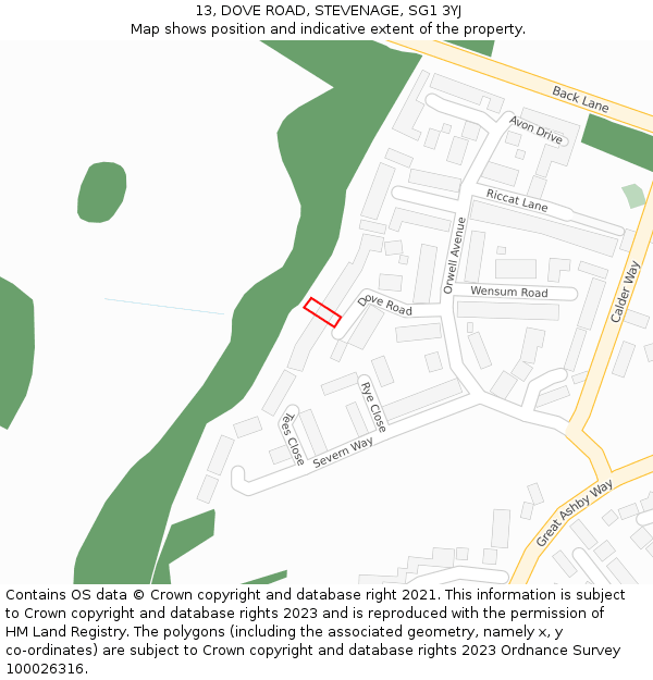 13, DOVE ROAD, STEVENAGE, SG1 3YJ: Location map and indicative extent of plot