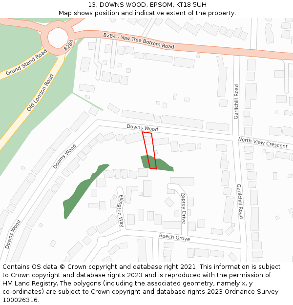 13, DOWNS WOOD, EPSOM, KT18 5UH: Location map and indicative extent of plot