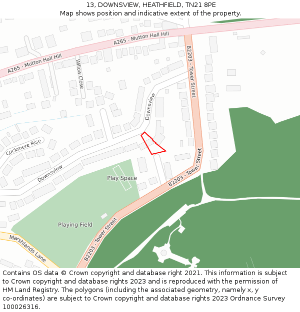 13, DOWNSVIEW, HEATHFIELD, TN21 8PE: Location map and indicative extent of plot
