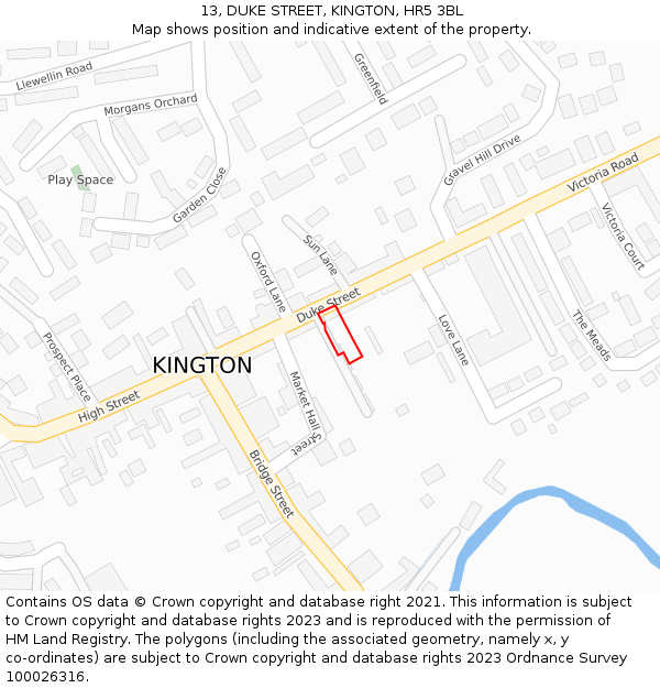 13, DUKE STREET, KINGTON, HR5 3BL: Location map and indicative extent of plot